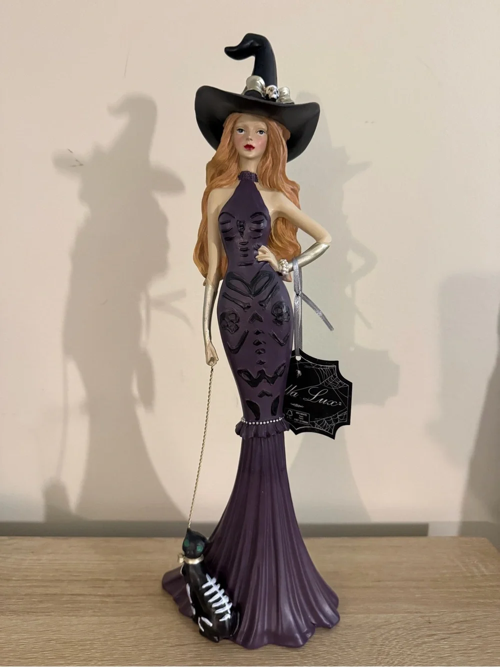 Bella Lux Resin Halloween Witch in Purple Dress with Skeleton Cat on Leash